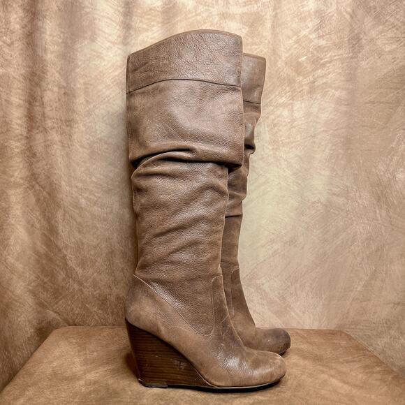 Jessica Simpson Knee High Slouch Wedge Heel Boots Brown Leather Indie Sleaze Y2K - Picture 1 of 11